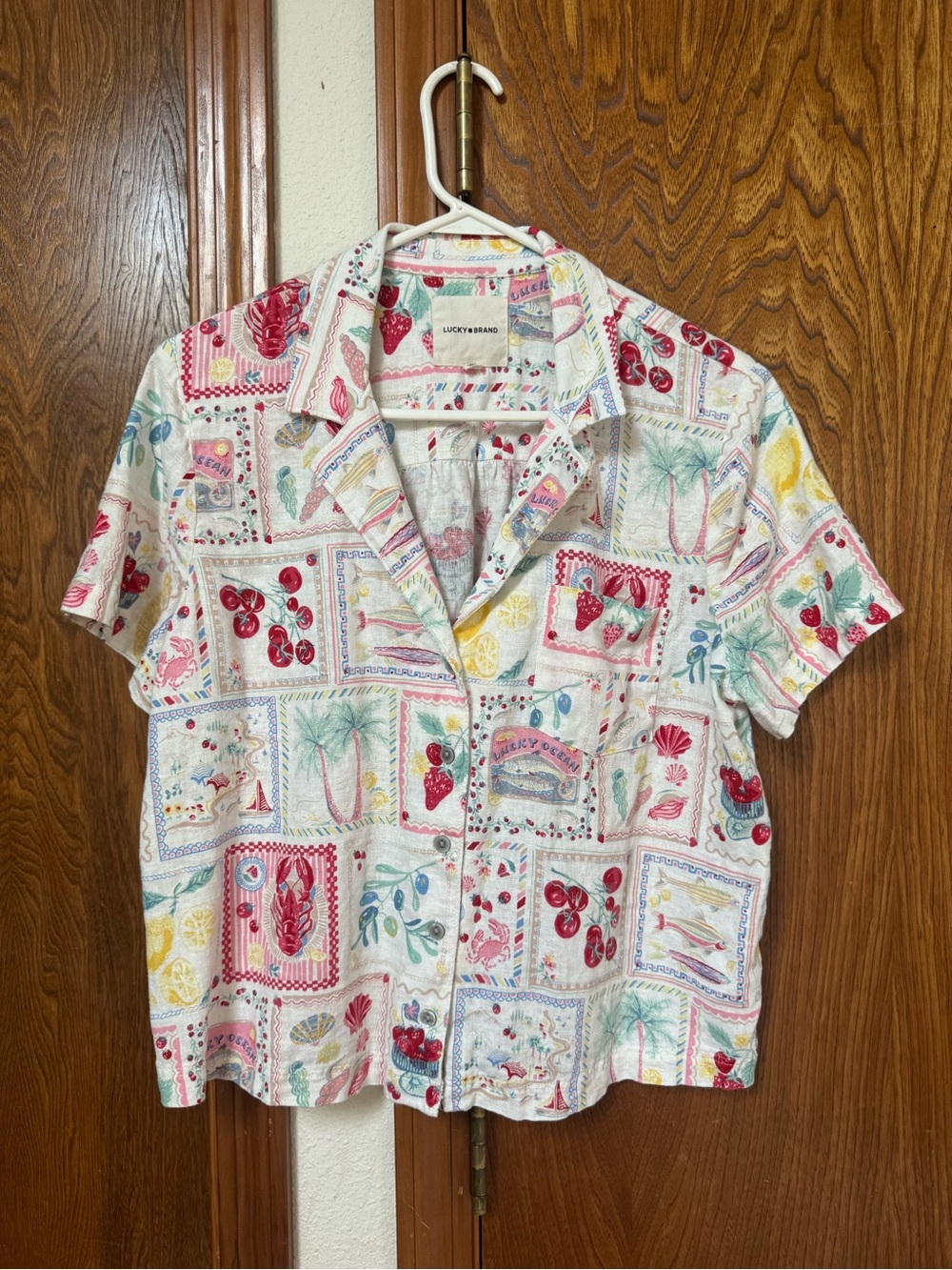 Lucky Brand White Short-Sleeve Button-Down Shirt with Red, Blue & Yellow Print